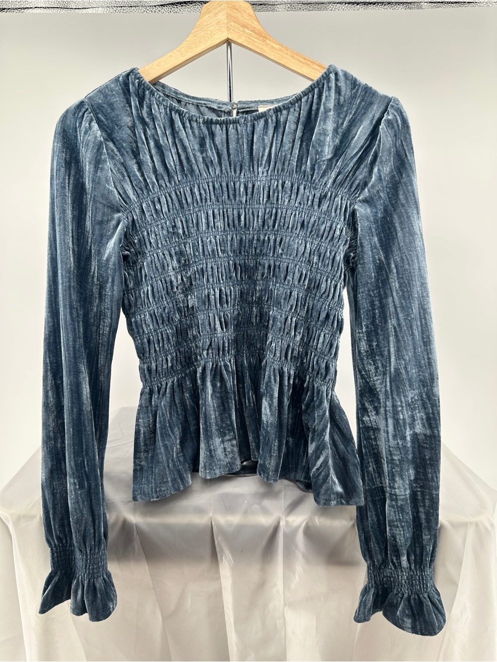 Dusty blue velvet ruched pleated blouse
